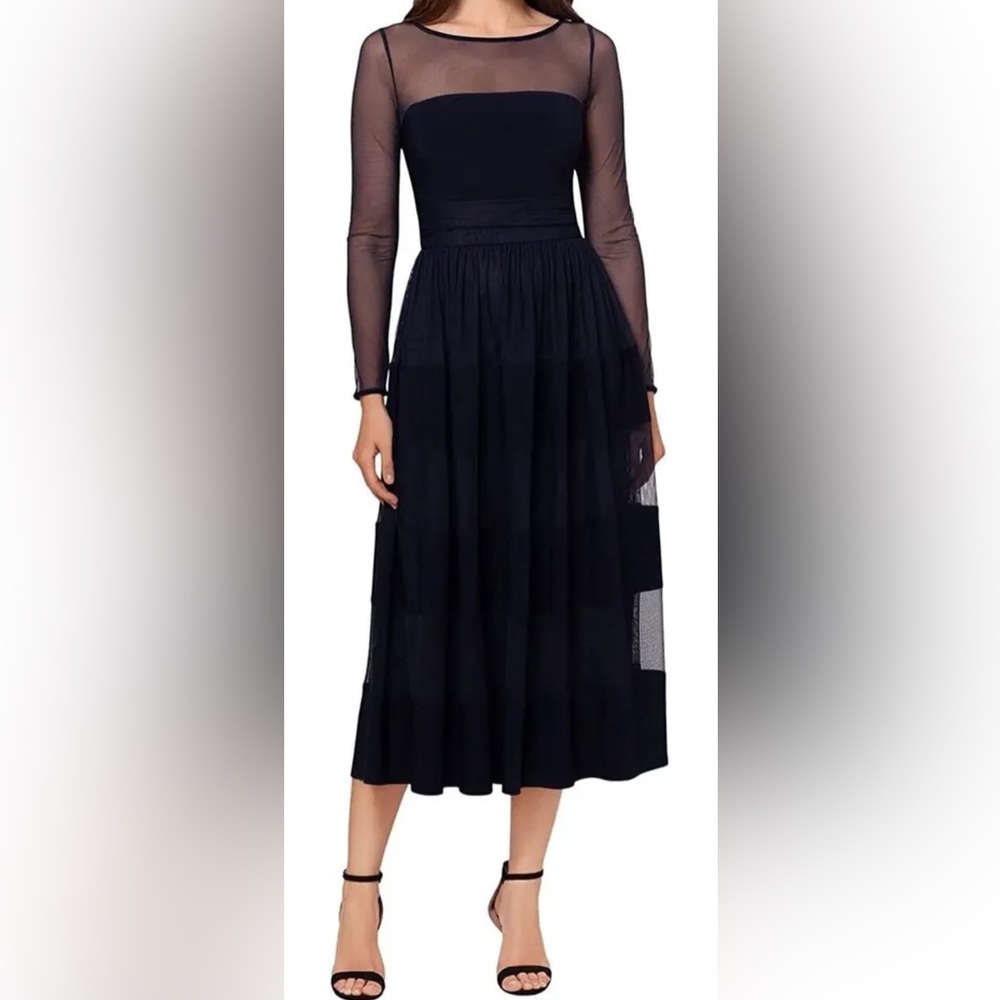 Betsy & Adam - Navy Long Sleeve Mesh Combo Dress